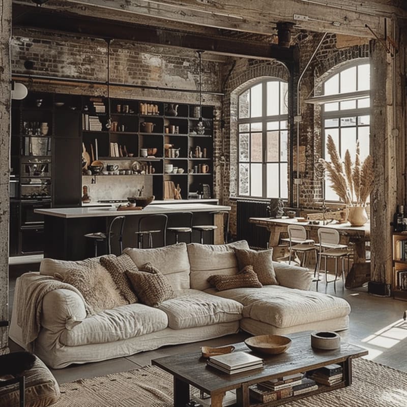Industrial loft living room featuring arched windows exposed brick walls black kitchen shelving linen sectional sofa vintage coffee table and natural light