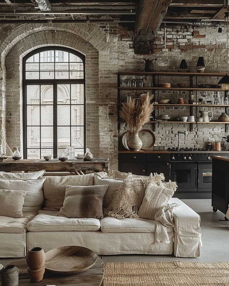 Industrial loft living room featuring brick walls arched windows black kitchen white linen sofa open shelving and vintage decor
