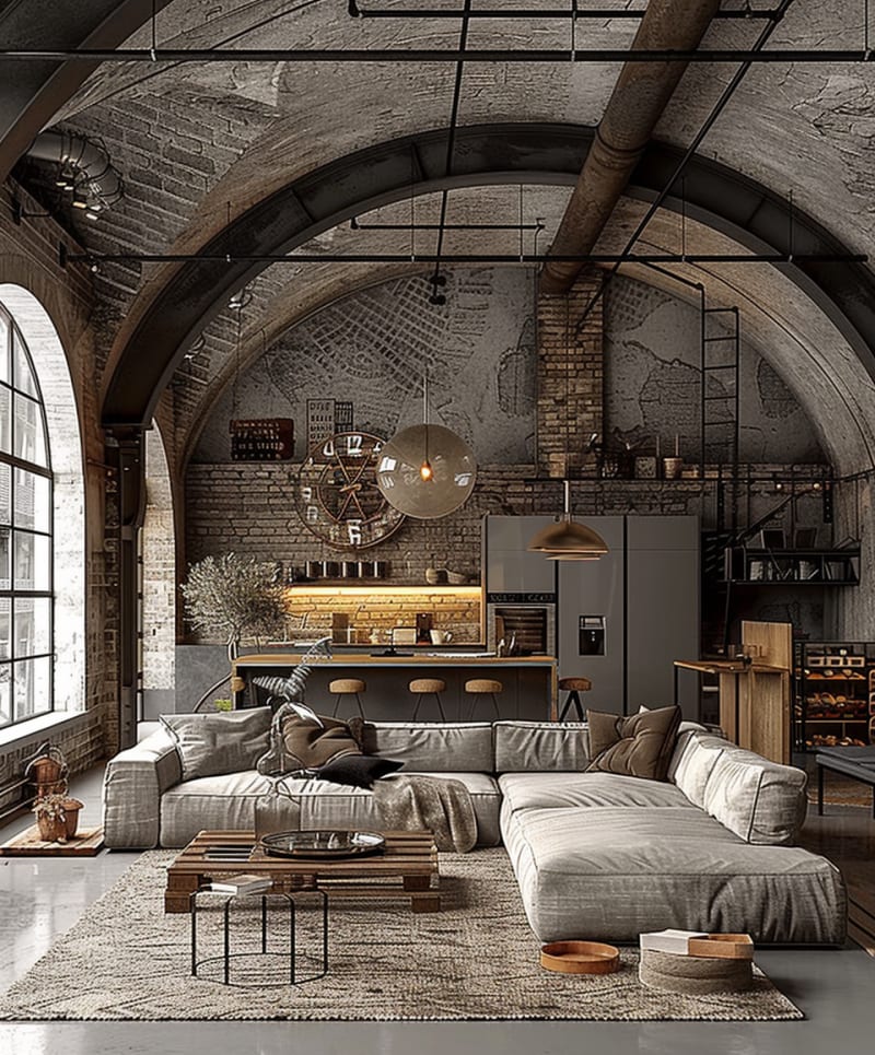 Industrial loft living room featuring dramatic brick arch ceiling oversized grey sectional sofa open plan kitchen vintage clock industrial windows and exposed pipes