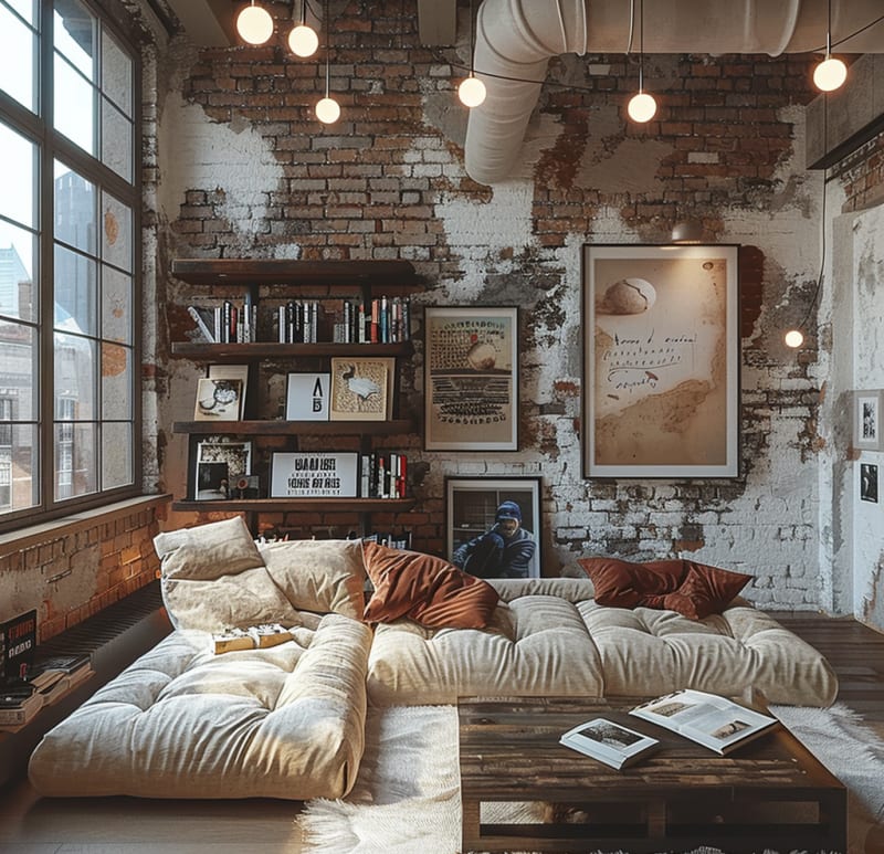 Industrial loft living room featuring exposed brick walls floor cushion sofa floating wooden shelves globe pendant lights art gallery wall and cozy reading corner