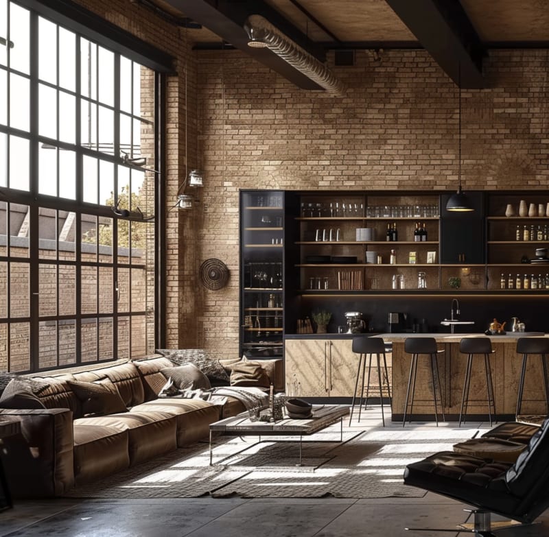Industrial loft living room featuring exposed brick walls floor to ceiling windows leather modular sofa black bar stools open shelving wine storage and dramatic natural light