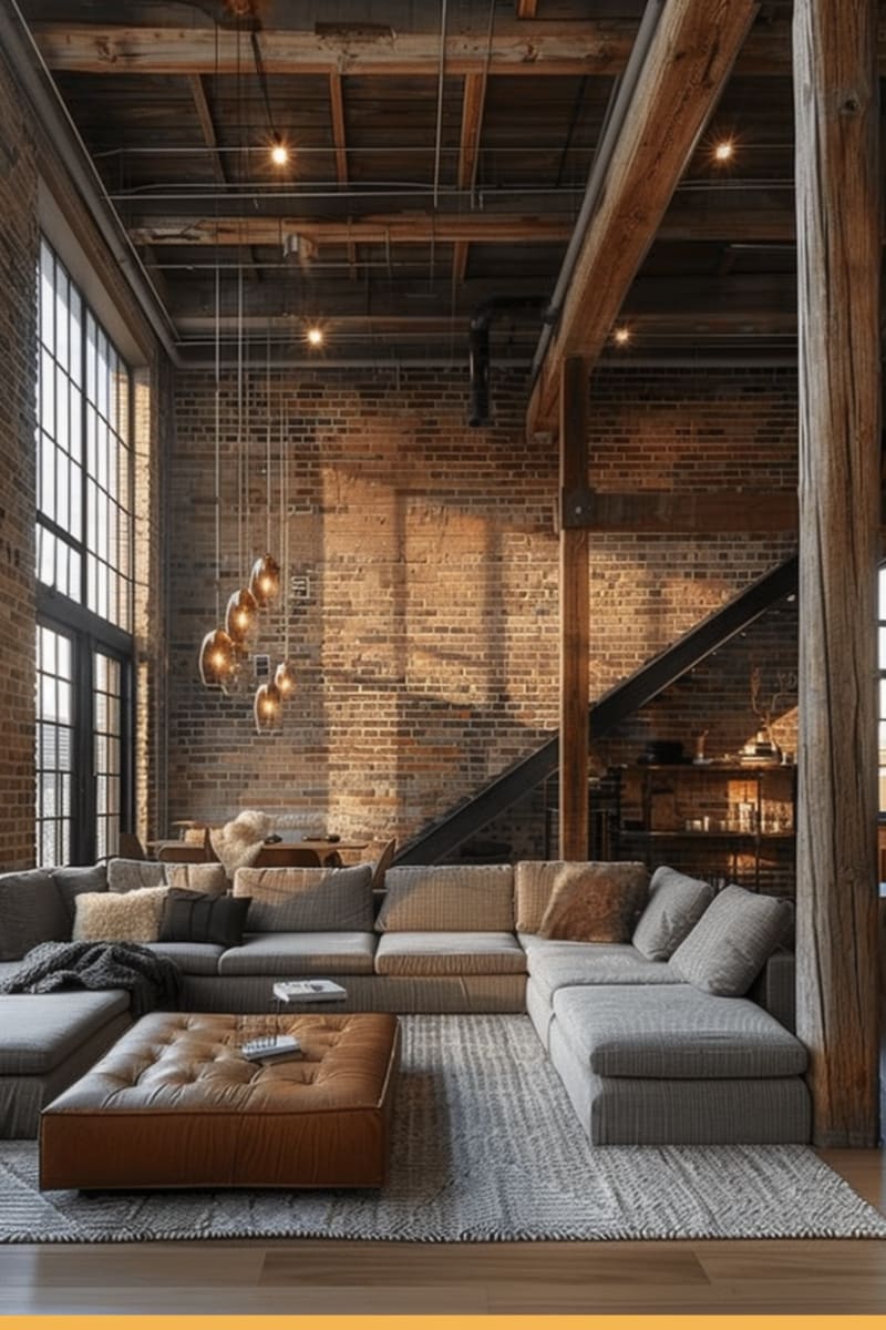 Industrial loft living room featuring exposed brick walls wooden beams pendant lighting grey sectional sofa leather ottoman high ceiling factory windows