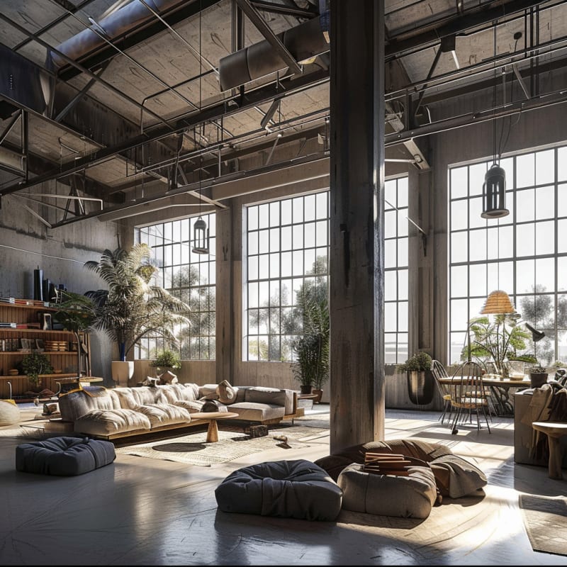 Industrial loft living room featuring floor-to-ceiling windows concrete pillars soft lounge cushions abundant plants natural sunlight and modern industrial lighting