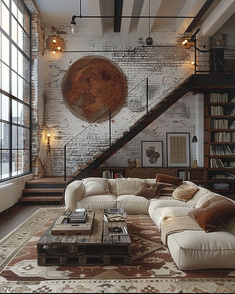 Industrial loft living room featuring rusty metal sphere white brick wall wooden library cream sectional sofa vintage lighting and urban design elements