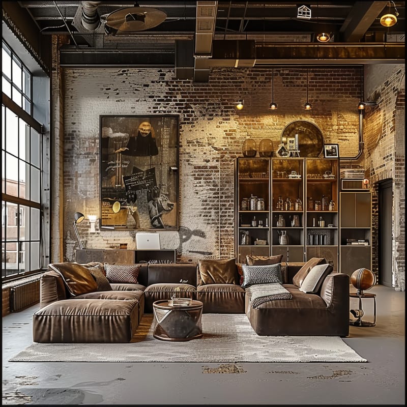Industrial loft living room with weathered brick walls brown modular leather sofa vintage black and white artwork exposed ductwork built in shelving pendant lights and concrete floor