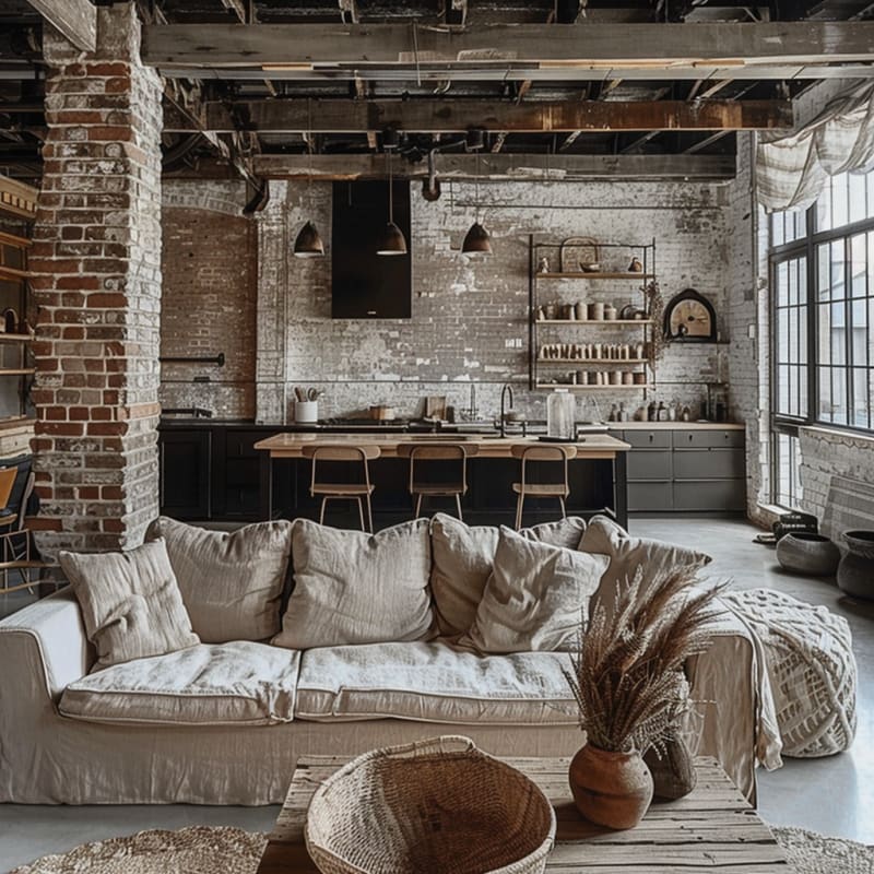 Industrial loft living space featuring exposed brick walls black modern kitchen linen sofa vintage pendant lights natural textures and floor to ceiling windows