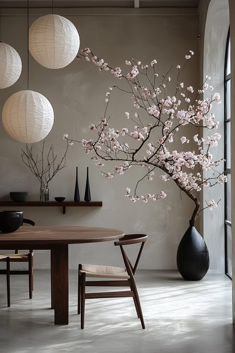 Minimalist Japanese dining room with cherry blossom branch, paper lanterns, and wooden furniture against neutral wall