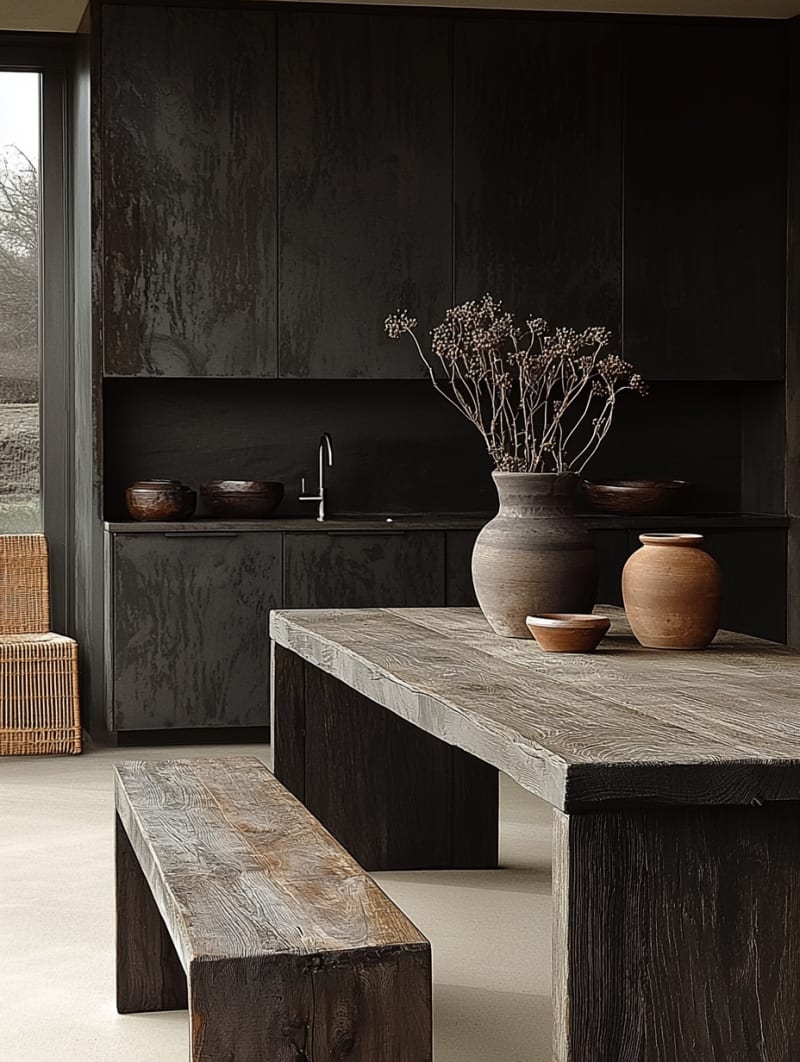 Minimalist Japandi kitchen with dark wood cabinetry, ceramic vessels, and warm accent lighting