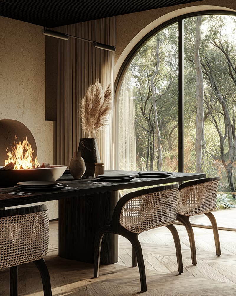 Minimalist Japanese dining room with woven chairs, black table, fireplace, and expansive arched window overlooking forest