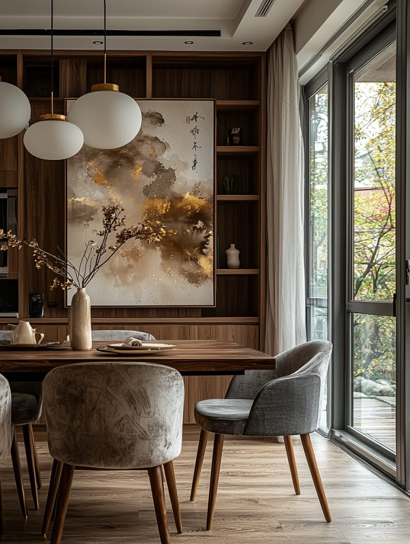 Minimalist Japanese dining room with gold-accented abstract artwork, wooden built-in shelves, and spherical pendant lights