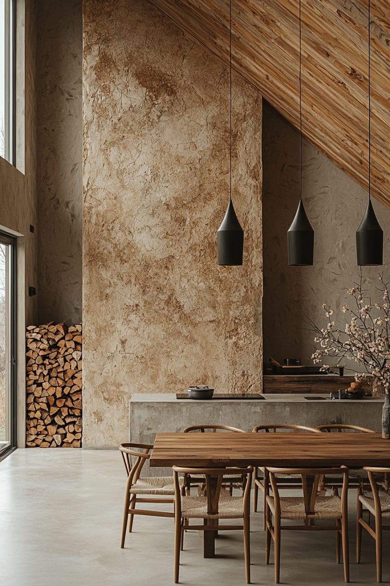 Minimalist Japanese dining room with textured plaster walls, wooden Wishbone chairs, black pendant lights and built-in firewood storage nook