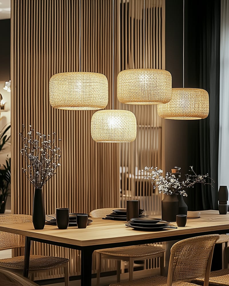 Minimalist Japandi dining room with woven pendant lights, wooden dining table, rattan chairs, and black ceramic tableware