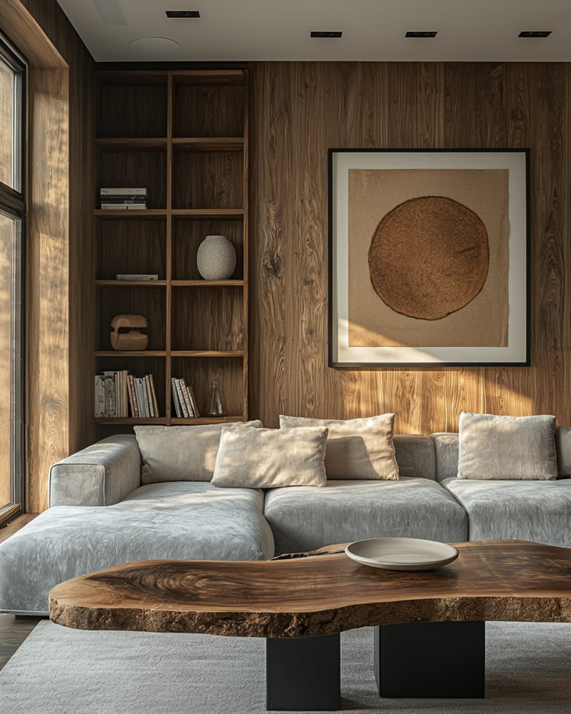 Minimalist Japandi living room with live-edge wooden coffee table, gray sectional sofa, and warm wooden wall panels