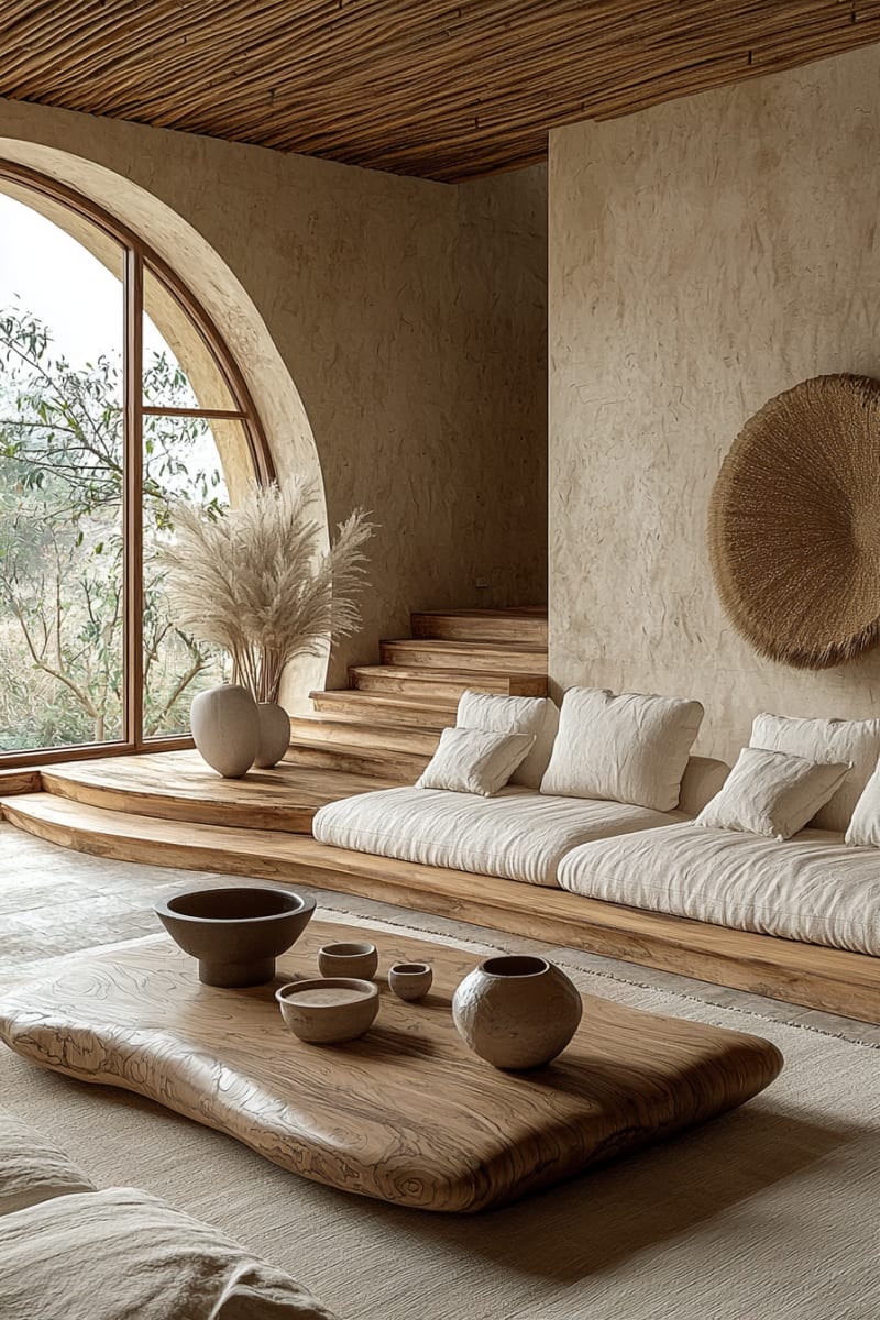 Minimalist Japandi living room with curved wooden sofa, arched window, and natural light