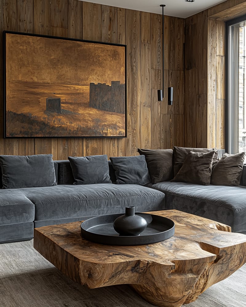 Minimalist Japandi living room with live-edge wooden coffee table, gray velvet sectional sofa, and textured wooden wall panels