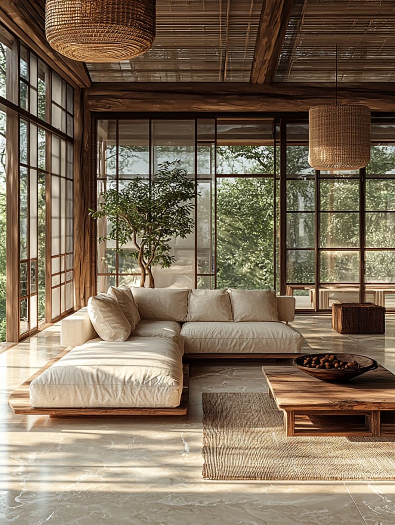 Minimalist Japandi living room with floor-to-ceiling windows, wooden beams, and natural light