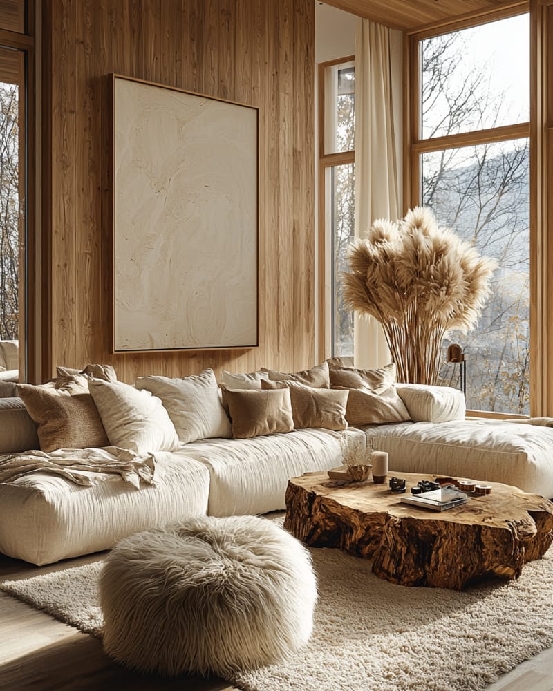 Minimalist Japandi living room with white linen sectional, live edge coffee table and wooden wall panels