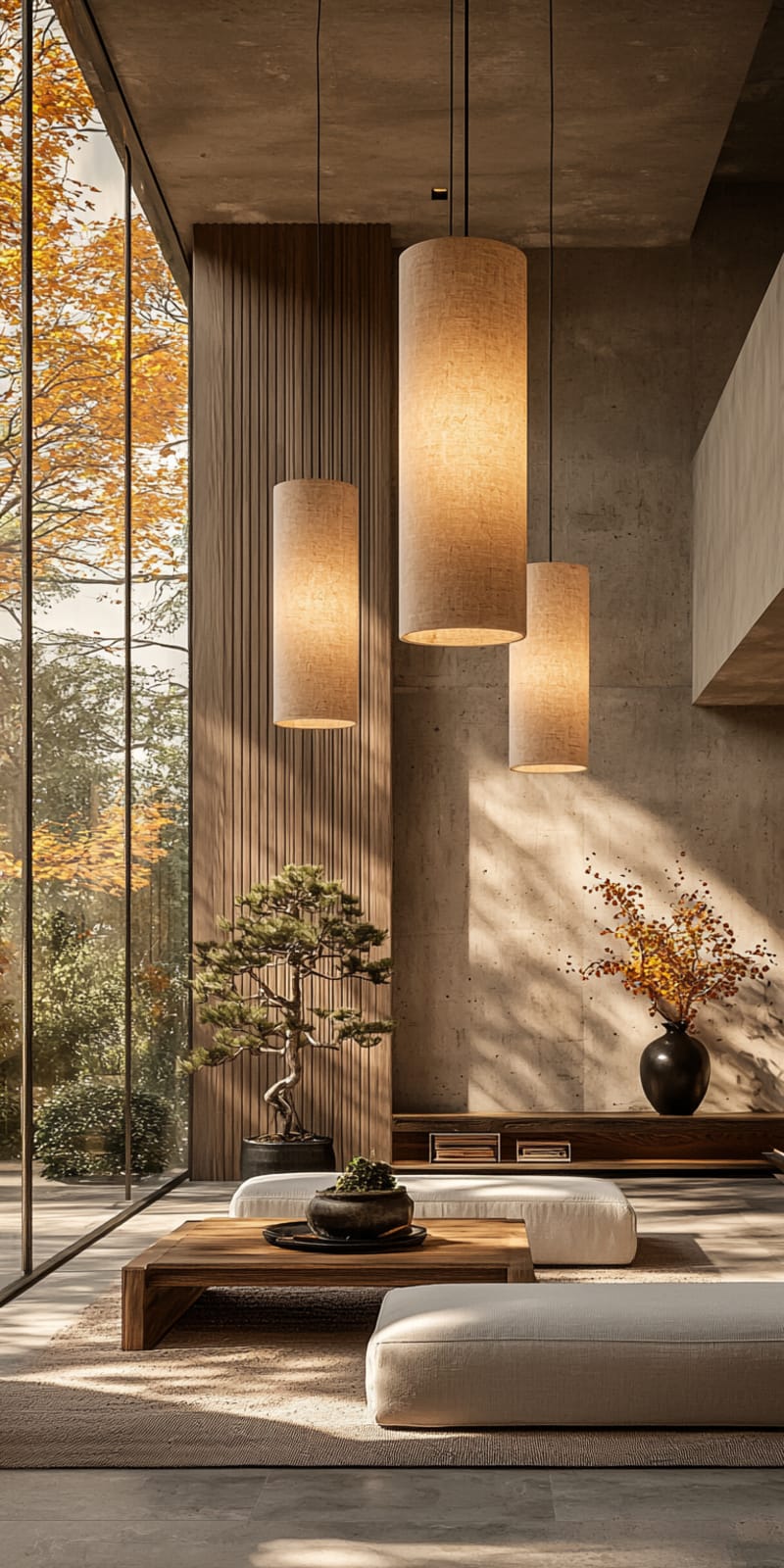 Minimalist Japandi living room with tall cylindrical paper pendant lights, wooden elements, and soft natural lighting