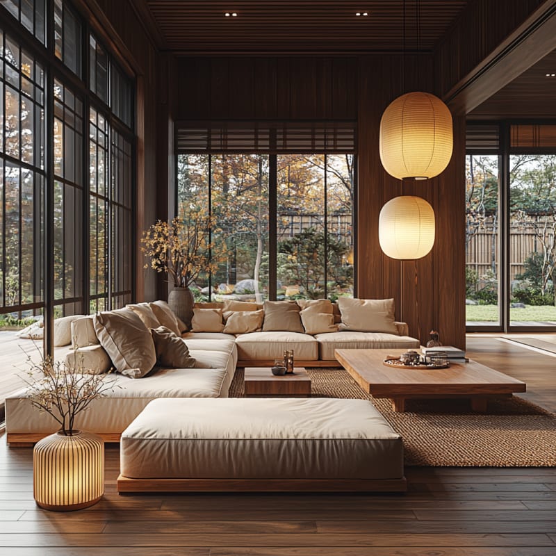 Minimalist Japandi living room with low-profile furniture, wooden floor, and natural fiber rug