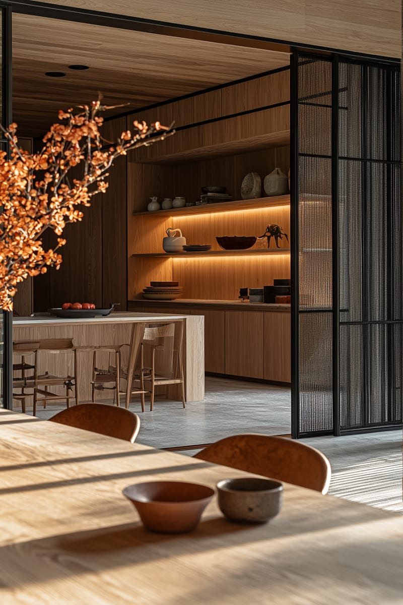 Minimalist Japanese dining room with cherry blossom branches, black steel-framed glass partition, and warm wooden interior