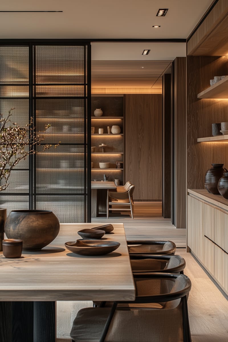 Minimalist Japanese dining room with mesh screen, wooden shelves, ceramic vessels, and branch decor