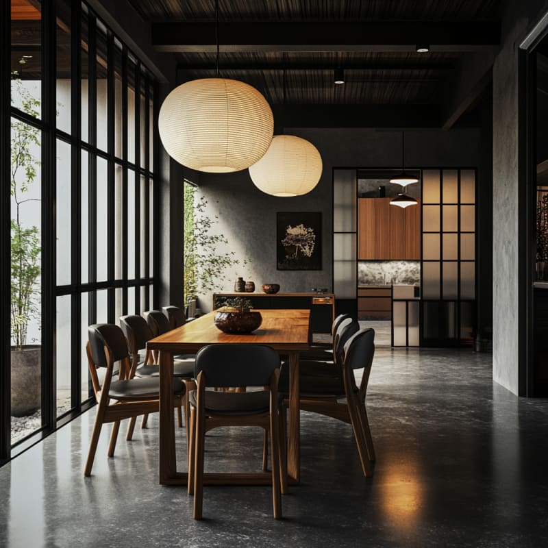 Contemporary Japanese dining room with paper lanterns, wooden table, black grid windows, and indoor plants