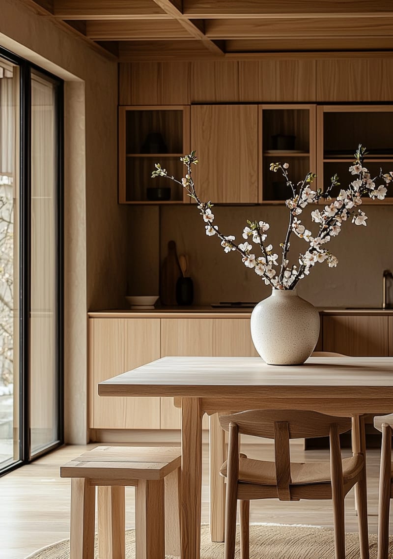 Minimalist Japandi dining room with cherry blossom branches, wooden furniture, and warm natural light