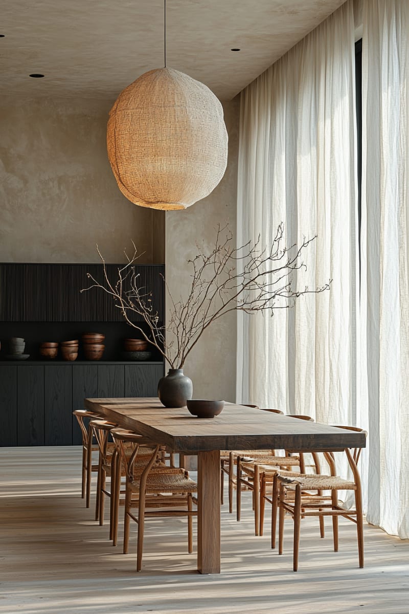 Minimalist Japanese dining room with large woven pendant light, wooden dining table, and bare branches in ceramic vase