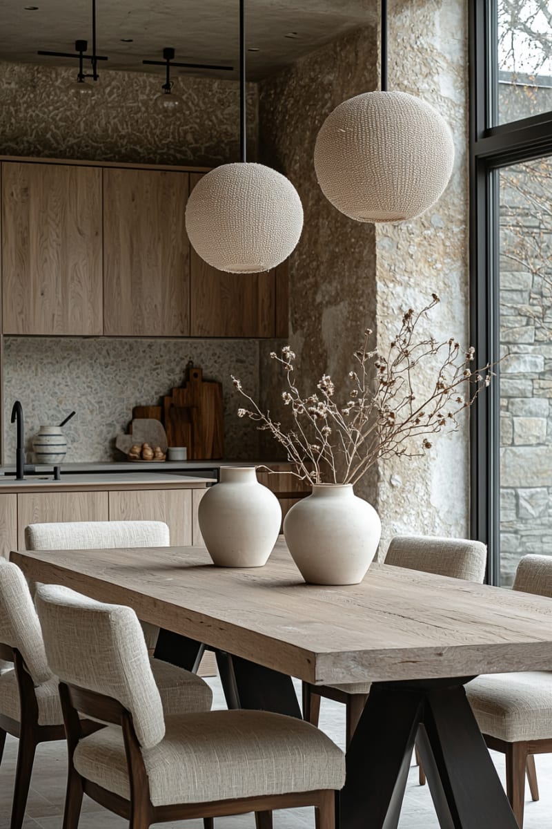 Minimalist Japandi dining room with white woven pendant lights, wooden table, and stone wall backdrop