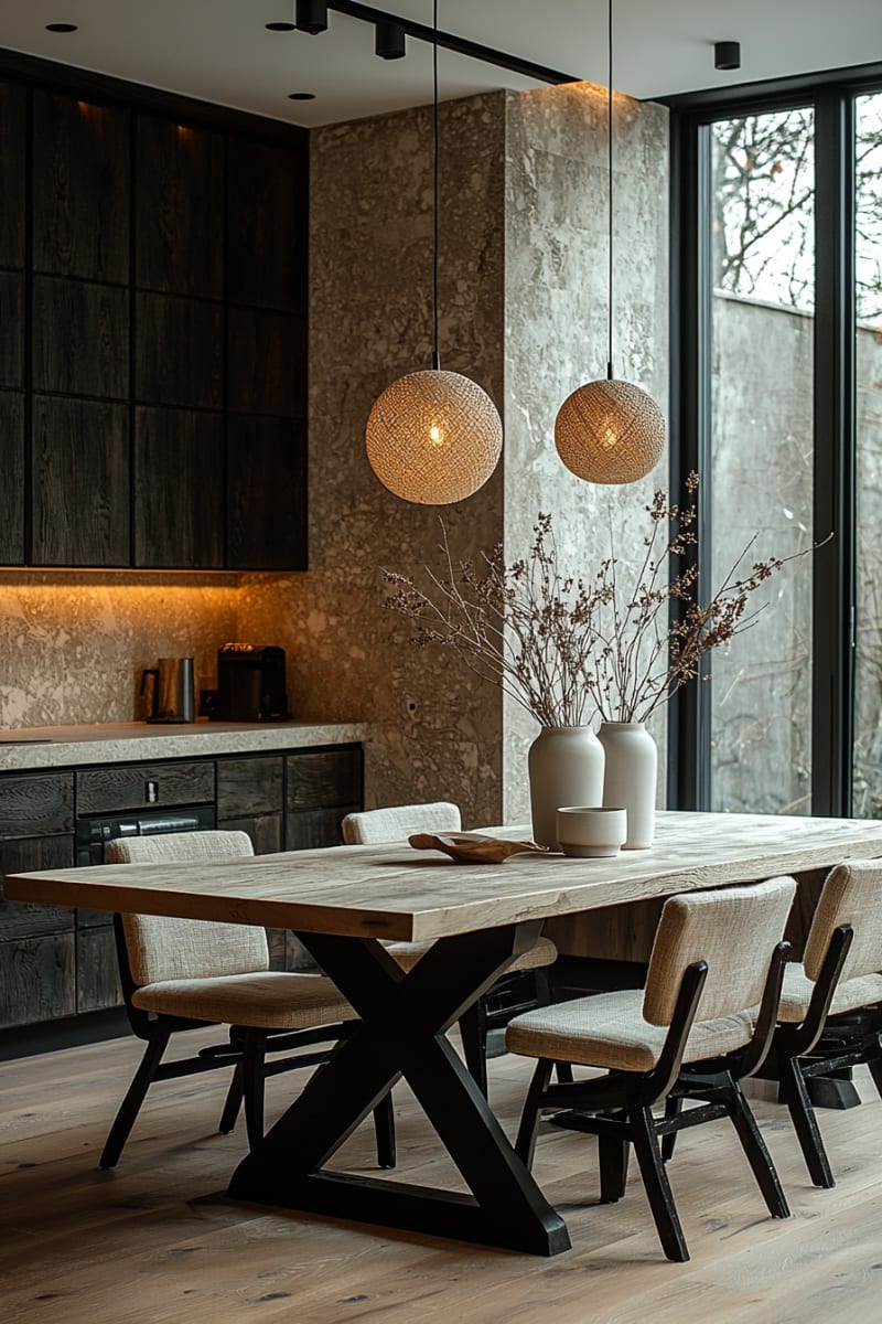 Minimalist Japandi dining room with woven sphere pendant lights, wooden dining table, and textured concrete walls