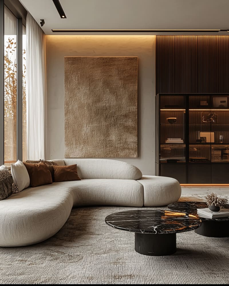 Modern Japandi living room with curved white sofa, marble coffee tables, and textured wall art