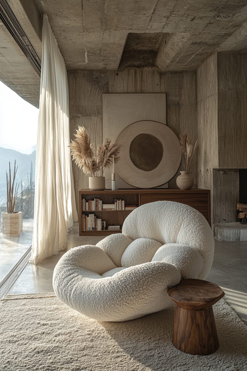 Minimalist Japandi living room with circular enso artwork, concrete walls, and pampas grass