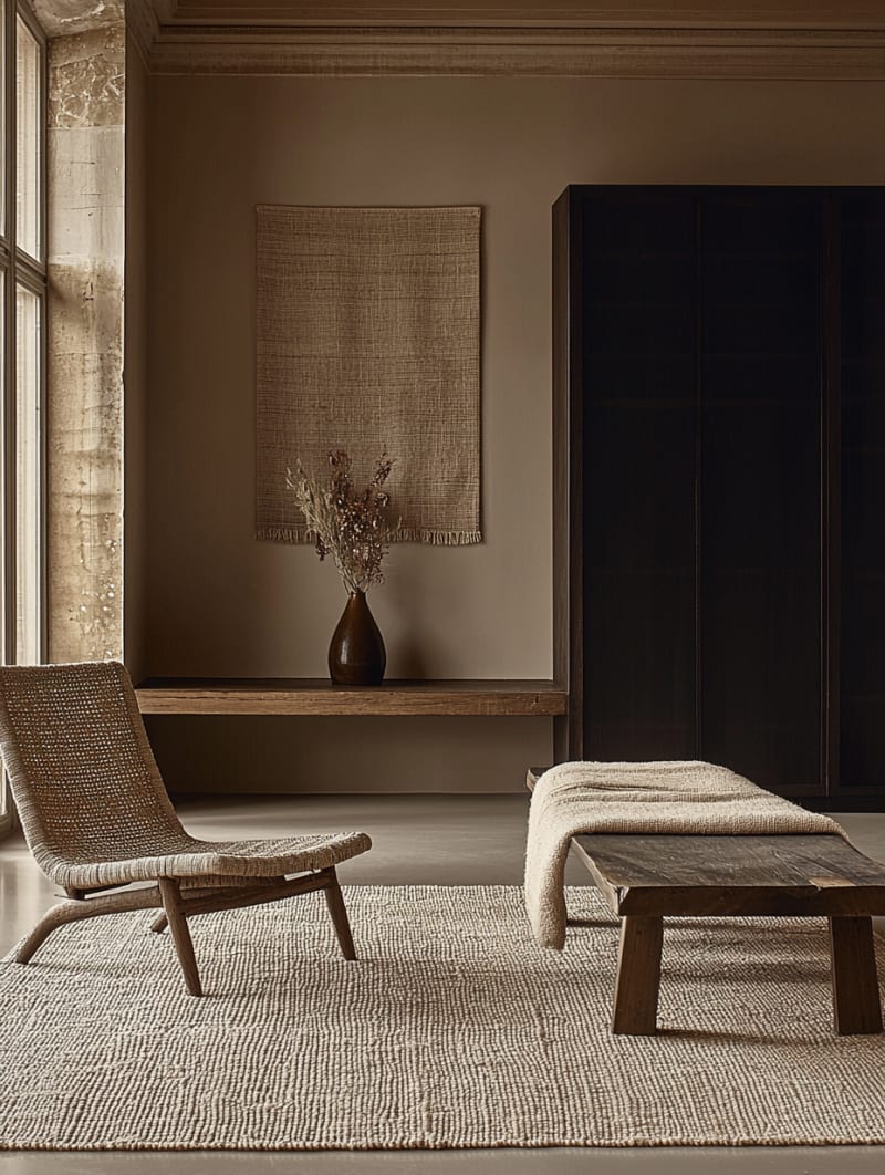 Minimalist Japandi living room with intentional negative space, neutral tones, and subtle architectural elements