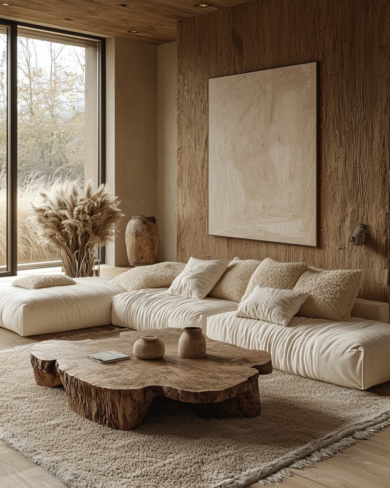 Minimalist Japandi living room with soft beige tones, textured sofa, and natural light