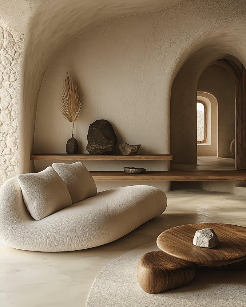 Minimalist Japandi living room with curved white sofa, organic wooden coffee table, and soft neutral tones