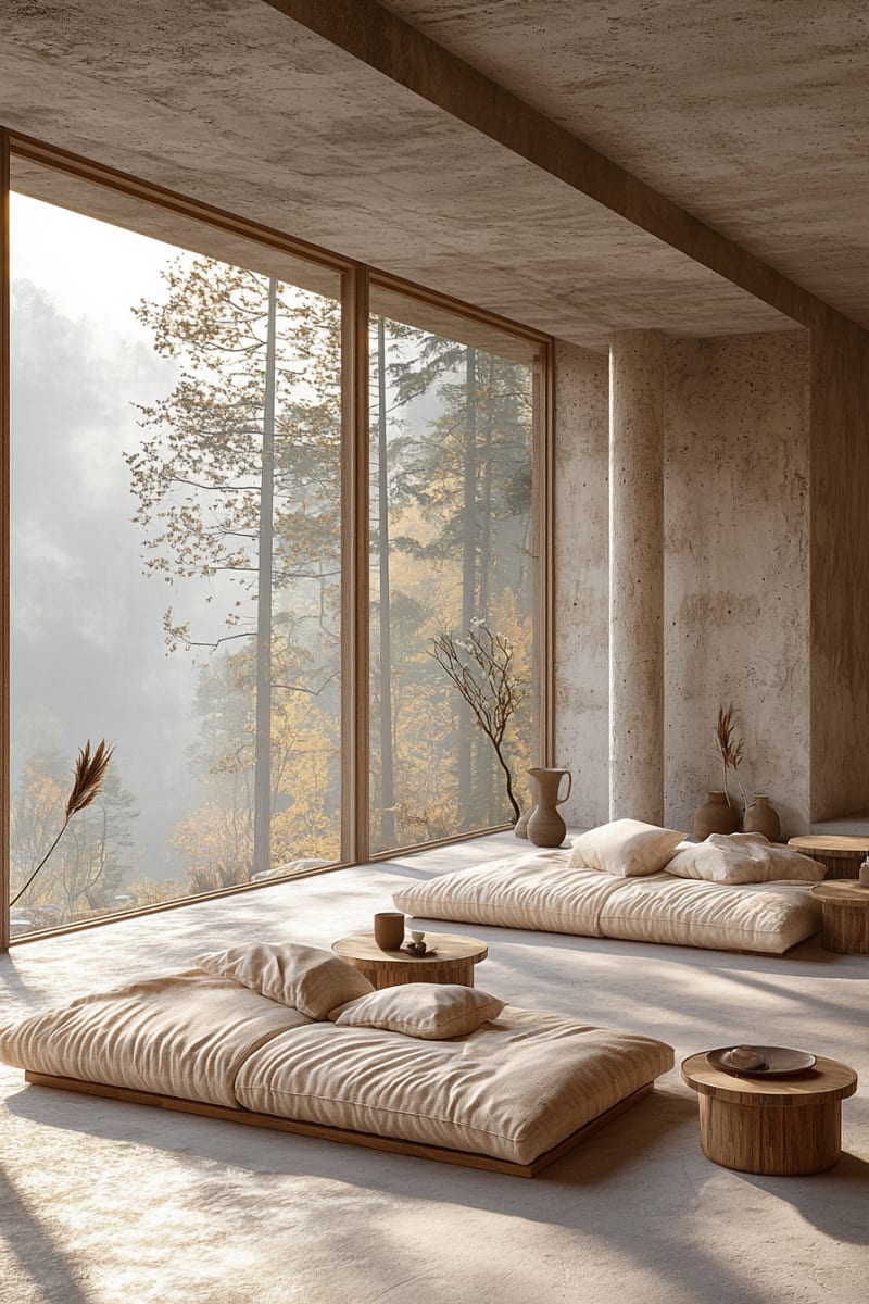 Minimalist Japandi living room with raw concrete walls, floor cushions, and soft neutral tones