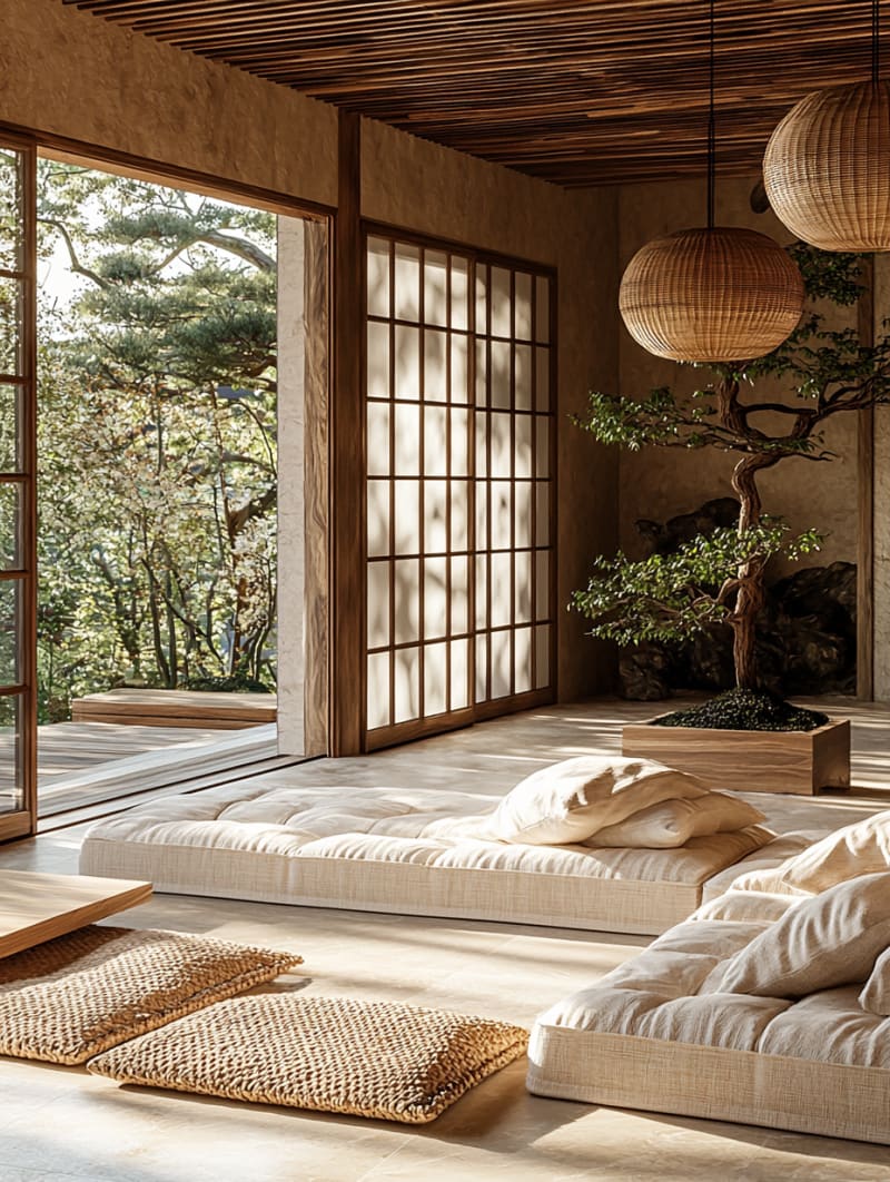 Minimalist Japandi living room with raw linen upholstery, neutral color palette, and soft natural textures