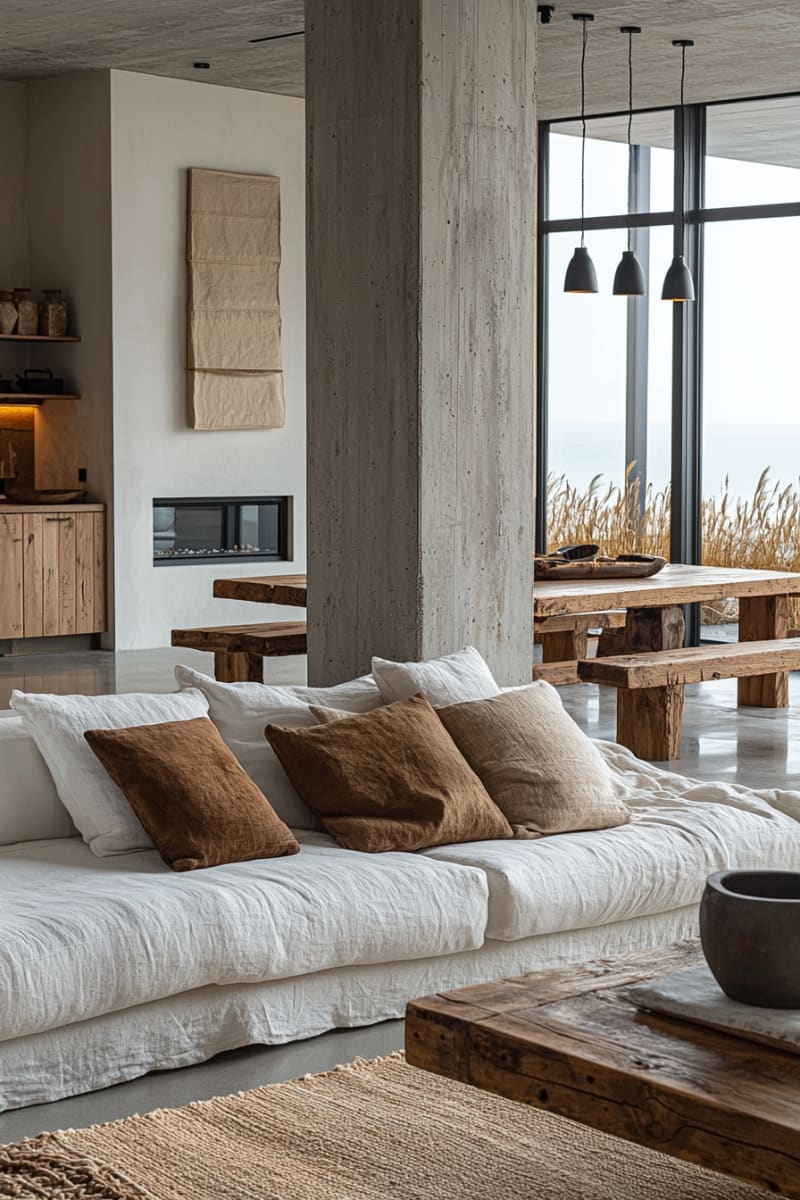 Minimalist Japandi living room with raw wood furniture and white linen sofa, showcasing natural textures and neutral color palette