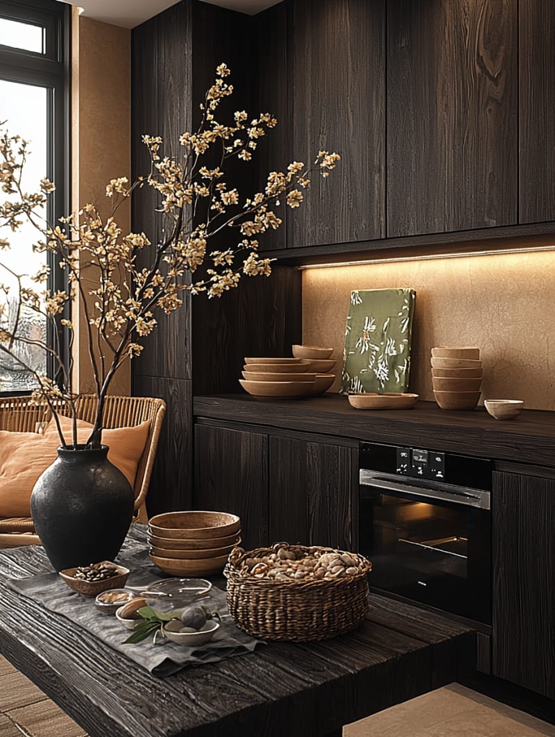Minimalist Japandi kitchen with dark wood cabinetry and elegant seasonal branch in black vase