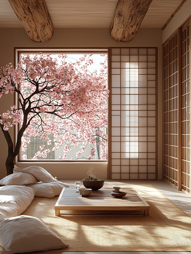 Minimalist Japandi living room with traditional shoji screens, floor cushions, and soft natural lighting