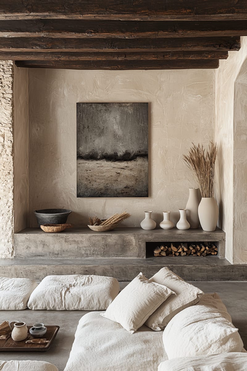 Minimalist Japandi living room with concrete sunken platform, white linen cushions, and neutral color palette