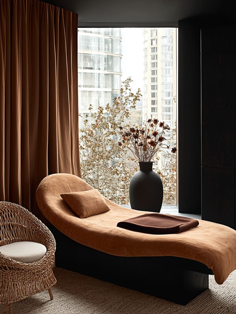 Minimalist Japandi living room with curved daybed, terracotta tones, and large window view