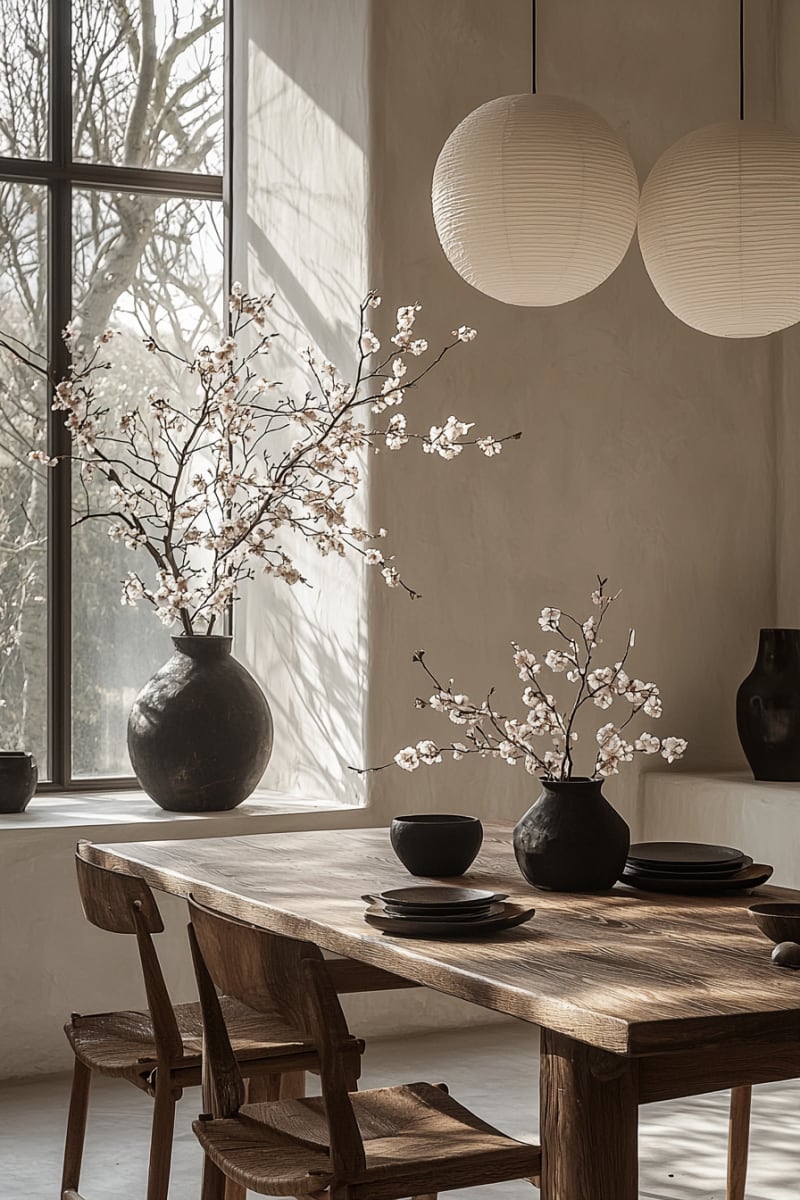 Minimalist Japandi dining room with cherry blossom branches, paper lanterns, and wooden rustic table against large winter window