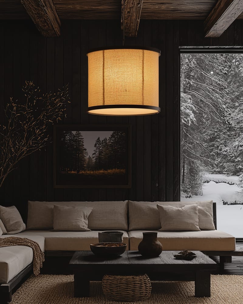 Minimalist Japandi living room with warm lighting, neutral tones, and snow-covered forest view