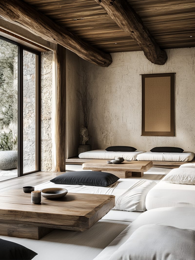 Minimalist Japandi living room with exposed wooden ceiling beams, neutral furniture, and soft natural lighting