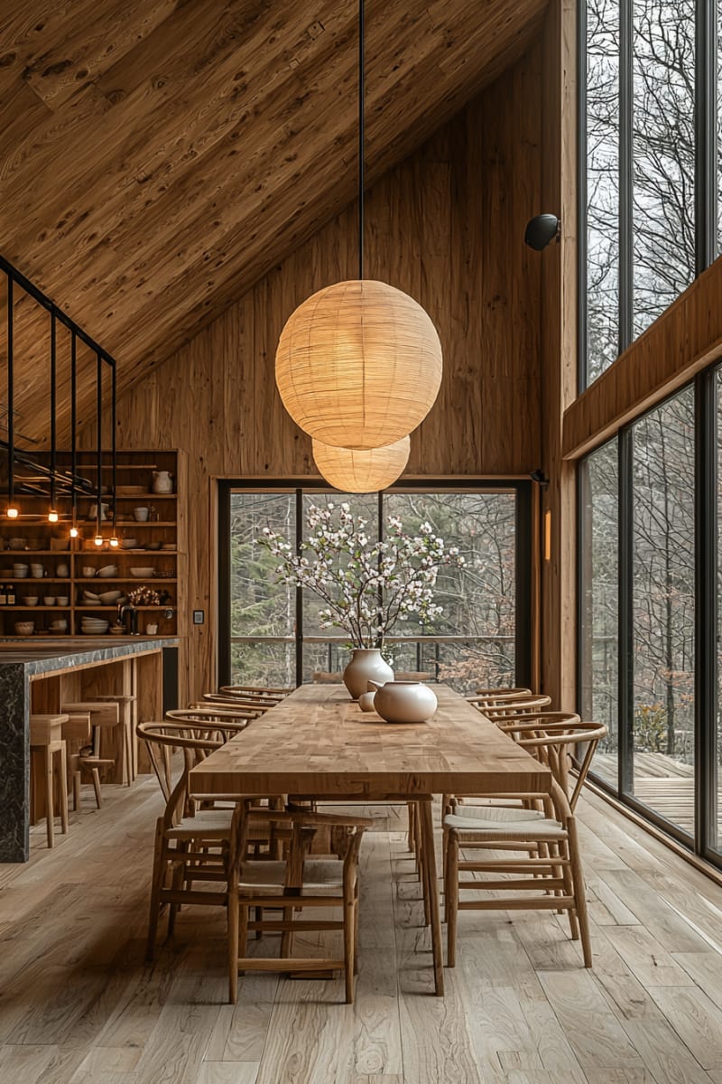 Minimalist Japanese dining room with wooden table, paper lanterns, and cherry blossom tree view through floor-to-ceiling windows