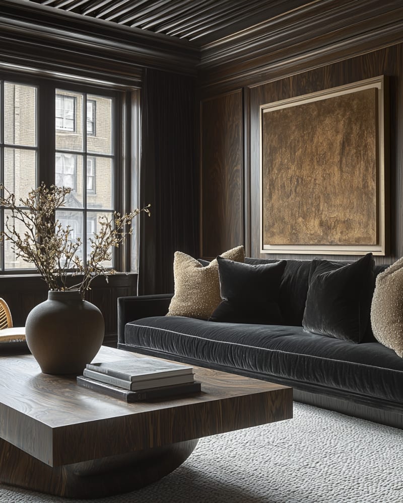 Minimalist Japandi living room with geometric wooden grid ceiling, dark wood furniture, and soft neutral tones
