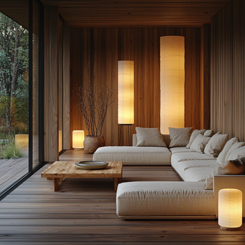 Minimalist Japandi living room with vertical wooden slat wall, warm lighting, and neutral furniture