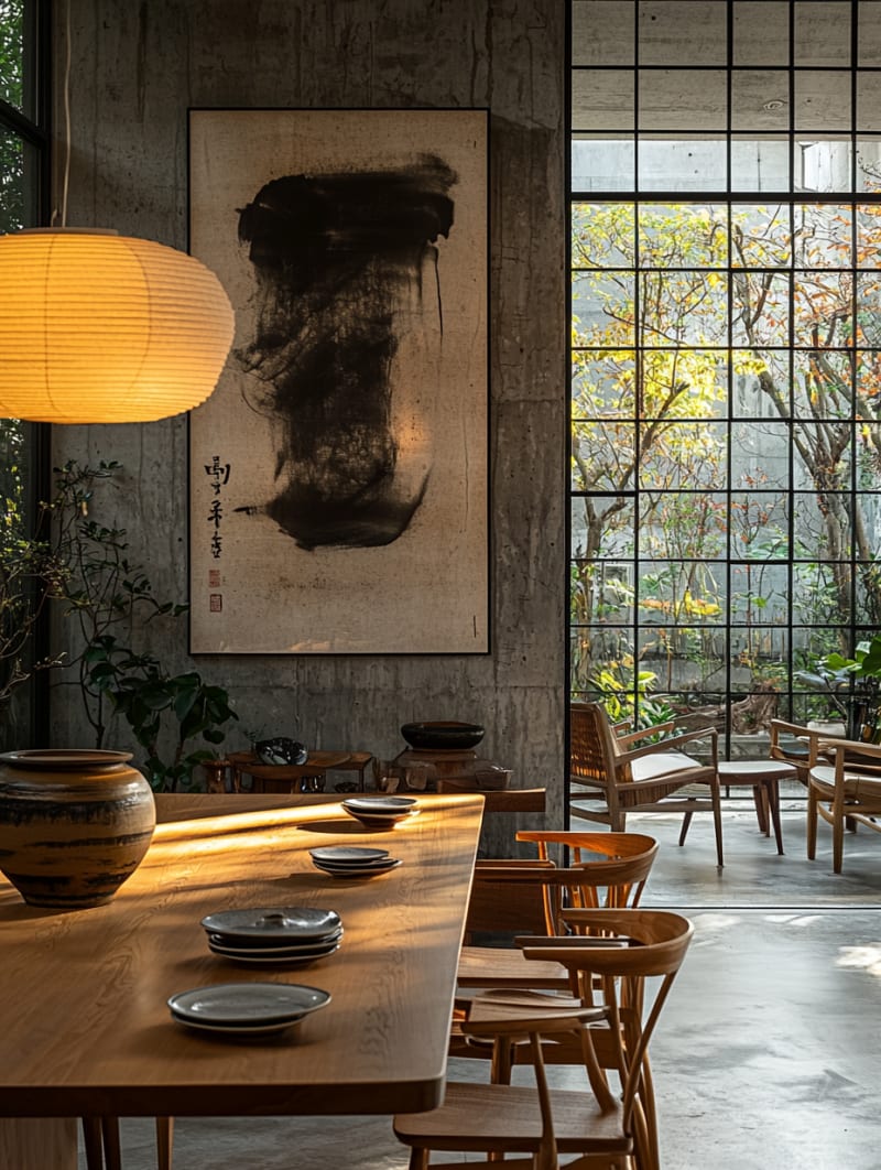 Minimalist Japanese dining room with concrete walls, paper lantern lighting, traditional ink painting, wooden dining table and garden view through gridded windows