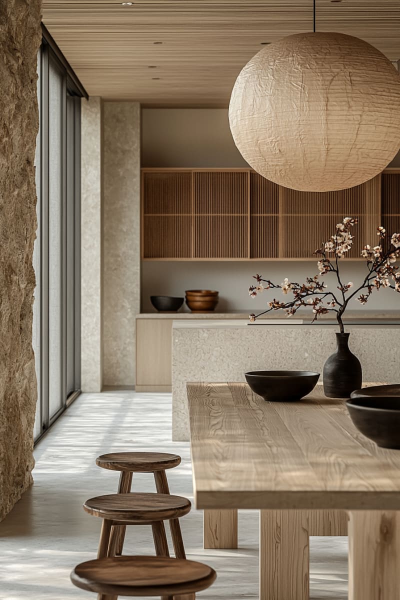 Minimalist Japanese dining room with cherry blossom branch, paper lantern, and wooden furniture featuring natural textures